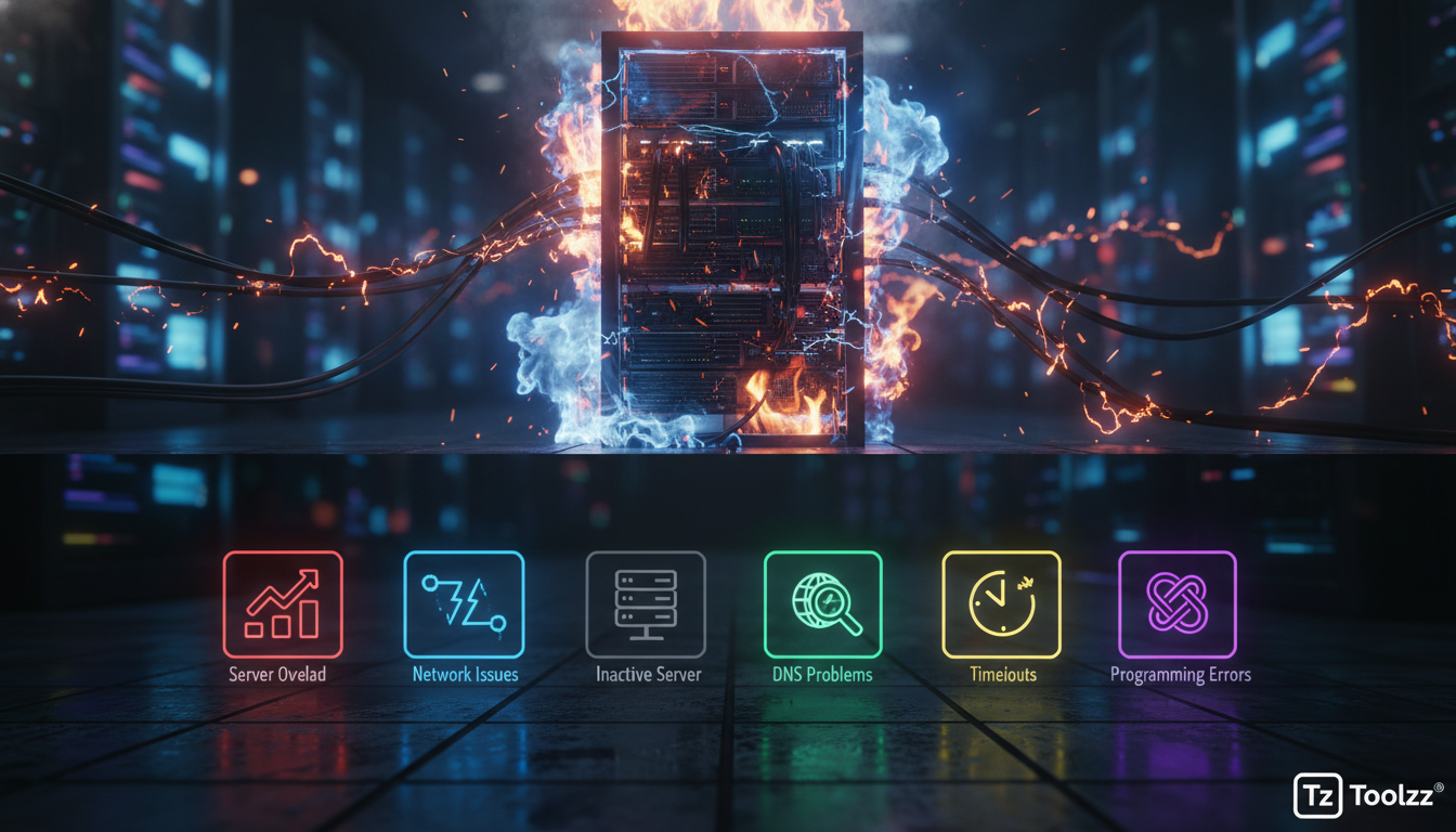 Erro 502 Bad Gateway: O que é e como resolver? — Infográfico divido em duas partes. Parte superior: Um servidor de computador em chamas, com vários cabos desconectados e faíscas voando. Parte inferior