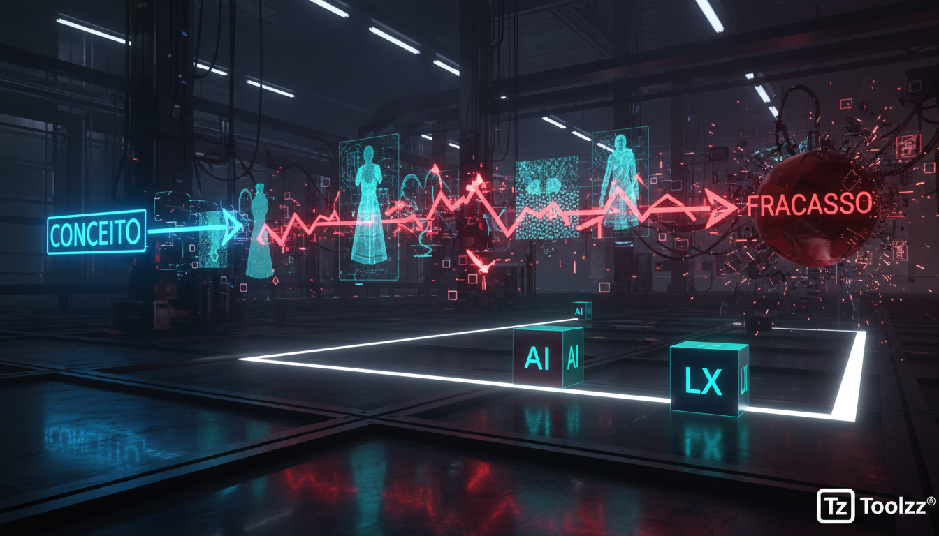 Erros comuns ao aplicar IA em Moda — Uma linha do tempo visual mostrando uma empresa de moda correndo para implementar IA, pulando etapas cruciais de planejamento. A linha do tempo começa com 'Conceit