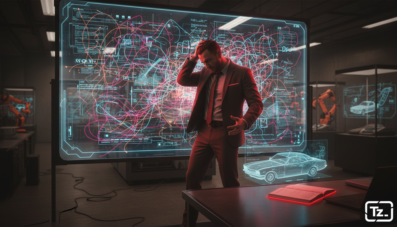 Erros comuns ao aplicar IA no varejo automotivo — Um executivo de concessionária automotiva, em pé em frente a um quadro branco rabiscado com diagramas complexos e setas caóticas. Ele parece frustrado