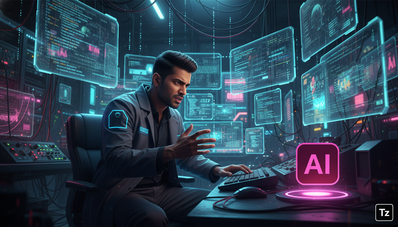 Erros comuns ao aplicar IA para Instagram em 2026 — Um cientista de dados em um laboratório futurista, cercado por telas exibindo dados brutos e desorganizados do Instagram. Ele parece frustrado enqua