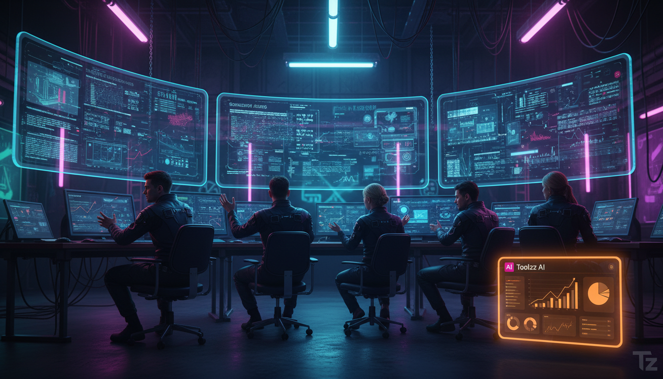 Erros comuns ao aplicar IA para redes sociais — Uma sala de controle futurista com vários monitores exibindo dados complexos de redes sociais. Uma equipe de analistas observa os dados com expressões c