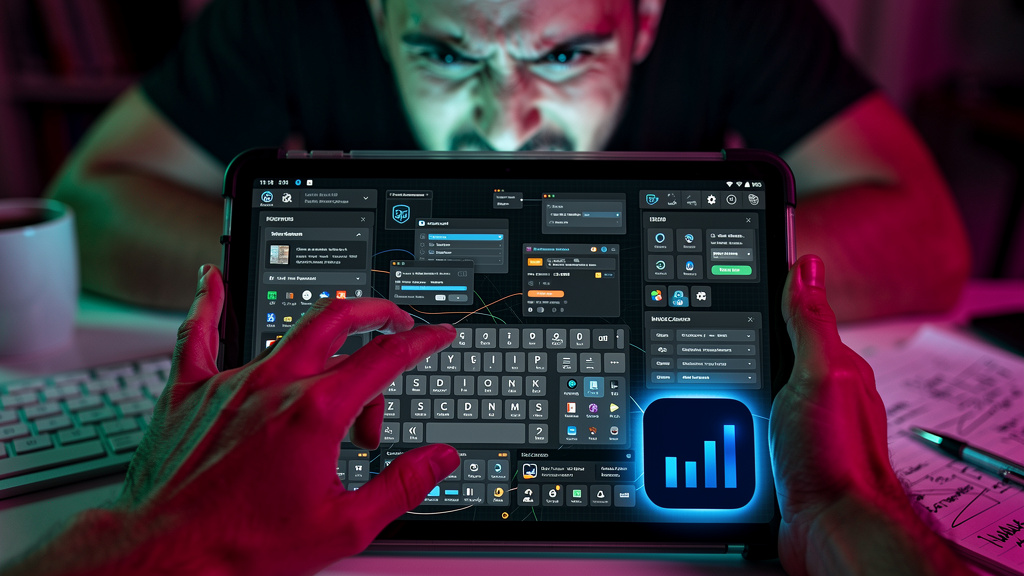 Erros comuns ao aplicar LMS em criadores de cursos online — Um close-up das mãos de um usuário tentando navegar em uma interface de LMS complexa em um tablet. Os dedos tocam em botões pequenos e confu