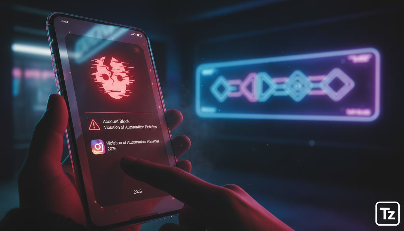 Erros de iniciantes ao experimentar Automação Instagram 2026 — Um smartphone exibindo uma notificação de bloqueio de conta do Instagram em 2026, com um aviso sobre violação das políticas de automação.