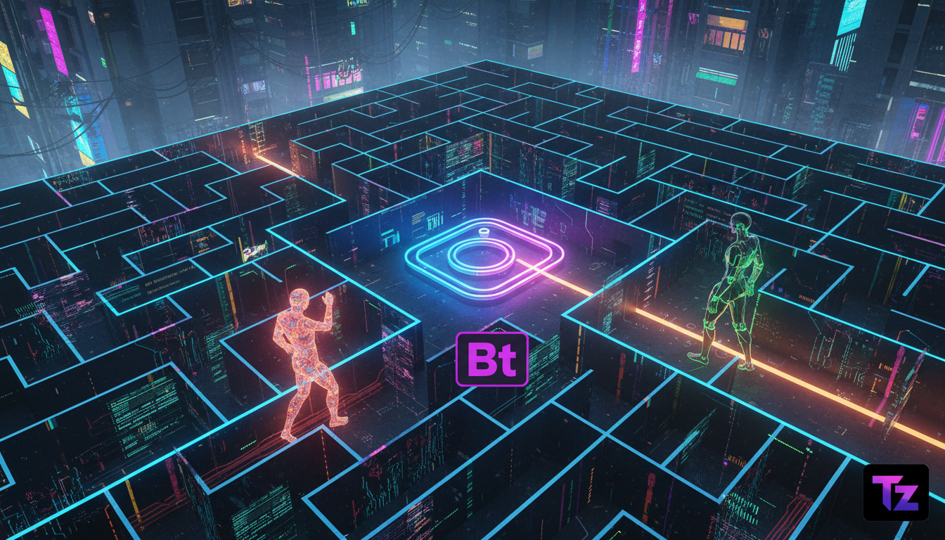 Erros de iniciantes ao experimentar automação no Instagram — Ilustração digital mostrando um labirinto complexo com o logo do Instagram no centro. Uma figura humana estilizada está tentando navegar pe