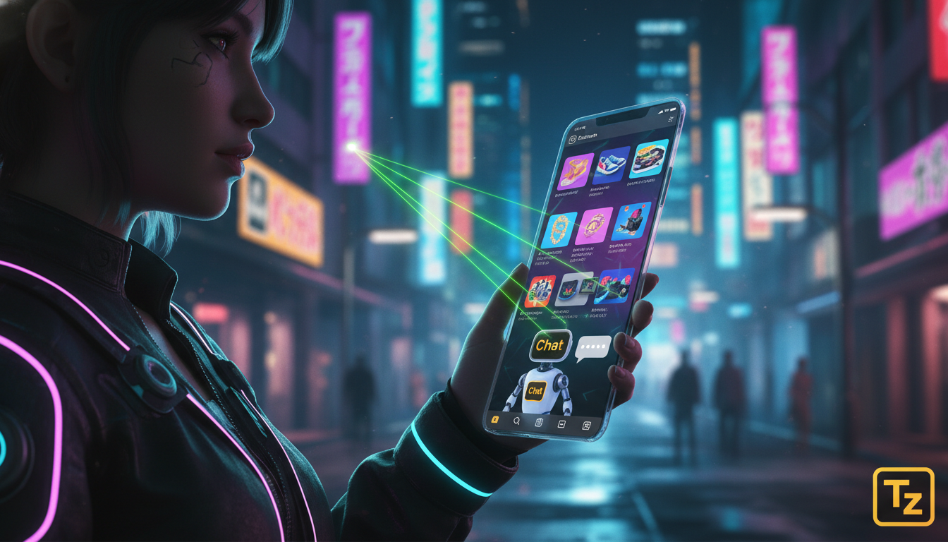 Erros de iniciantes ao experimentar Instagram Commerce IA — Usuário navegando em um feed do Instagram repleto de produtos. Um chatbot da Toolzz aparece na parte inferior da tela, oferecendo recomendaç