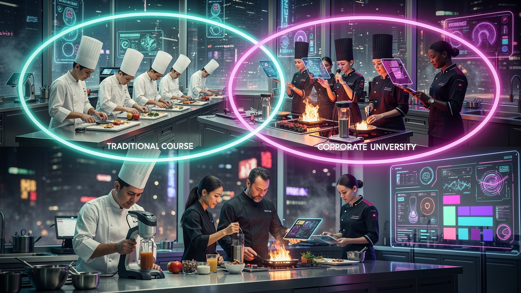 Erros de iniciantes em escolas de culinária e como evitá-los em 2026 — Infográfico dividido em duas partes (superior e inferior) para carrossel do Instagram. Parte superior: Diagrama de Venn mostrando