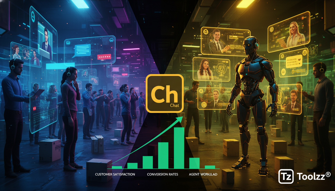 Erros de iniciantes em Instagram Commerce IA e como evitá-los — Infographic. Top section: A split-screen showing a traditional customer service setup (overwhelmed agents, long queues) vs. an AI-powere