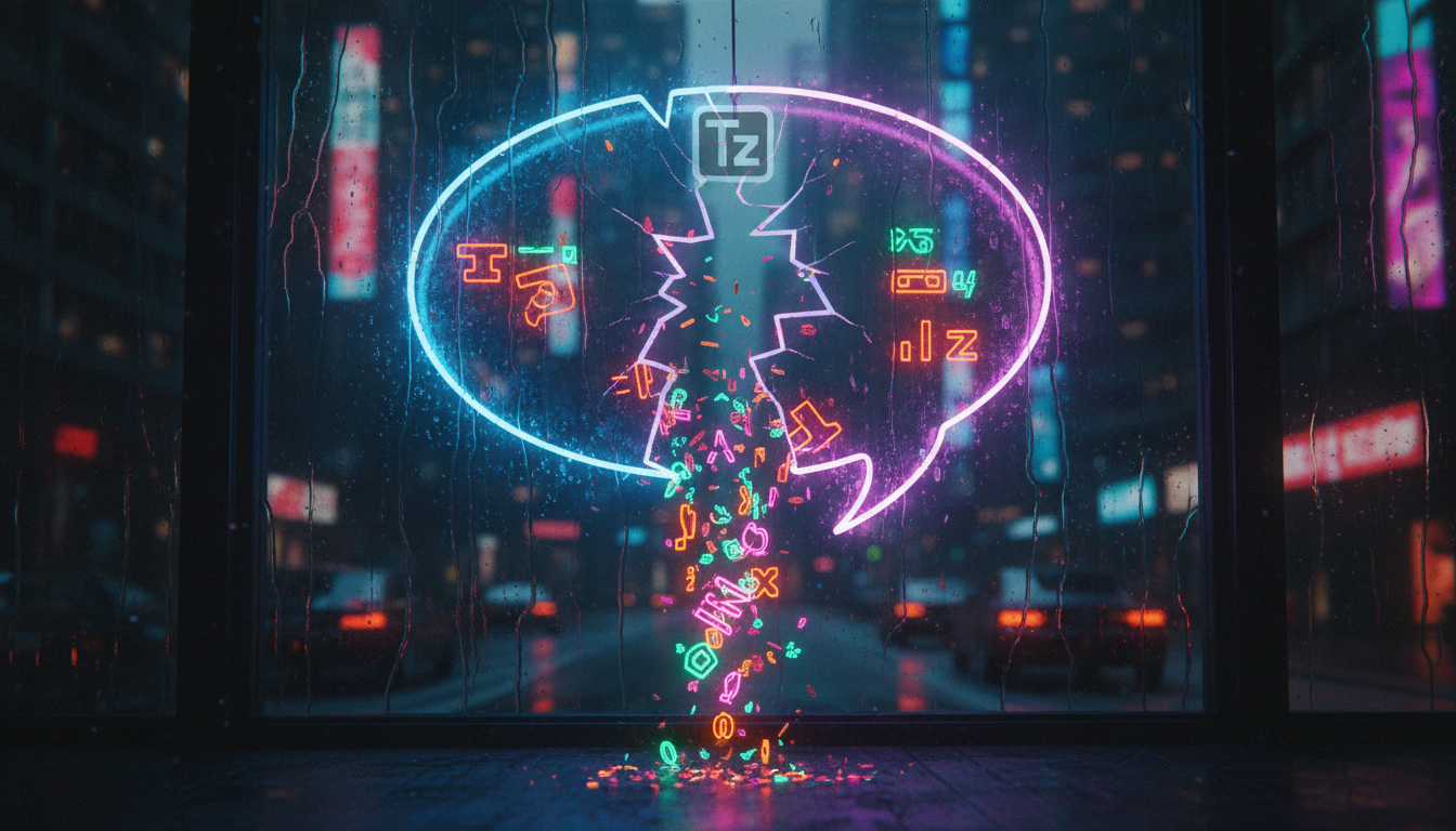 Erros no Gtranslate: Lições para a Comunicação Empresarial — Um close-up dramático de um balão de fala rasgado, com palavras traduzidas incorretamente caindo como confetes. As cores são vibrantes e co