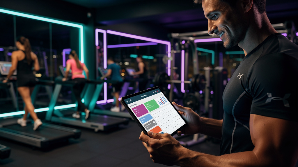 Escalando Conteúdo Fitness: IA para 100+ Posts/Mês — Um personal trainer utilizando um tablet em uma academia movimentada. O tablet exibe o Agente AI de Blog da Toolzz, gerando automaticamente um plan