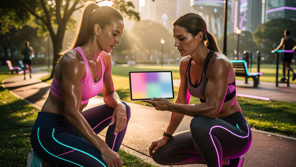 Escale Conteúdo Fitness: IA para Blogs de Academias e Trainers — Um personal trainer usando um tablet durante uma sessão de treinamento ao ar livre em um parque ensolarado. O tablet exibe um artigo de