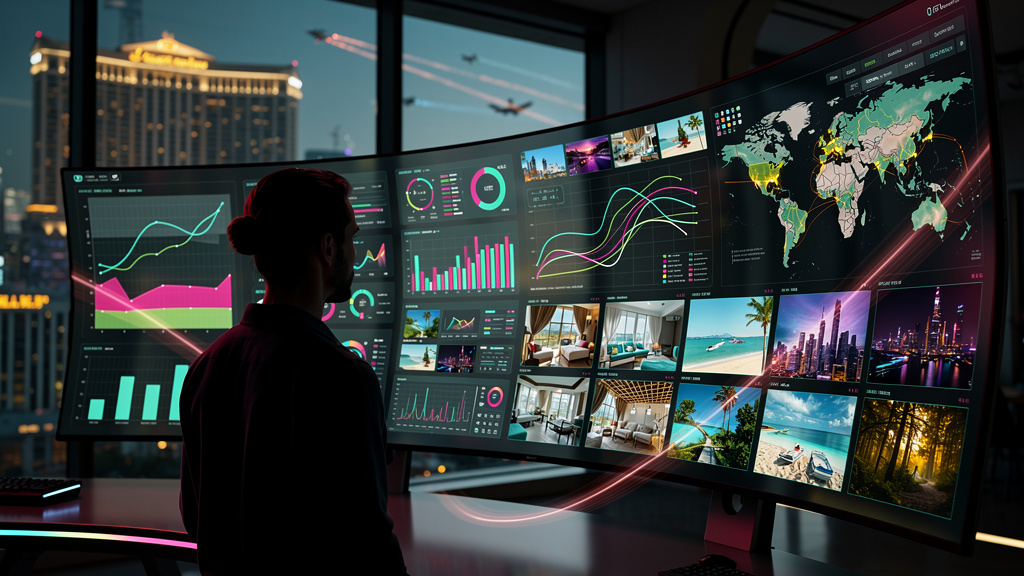 Escale Conteúdo para Turismo e Hotelaria com IA: SEO e ChatGPT — Um profissional de marketing de turismo olhando para um painel de controle complexo que mostra o fluxo de conteúdo sendo gerado automat