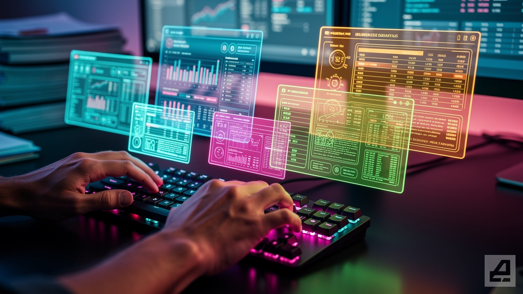 Escale o Conteúdo da sua Contabilidade: de 4 para 100+ Posts/Mês com IA — Um close-up de um teclado sendo usado por mãos humanas digitando rapidamente, com hologramas de artigos de contabilidade surgi