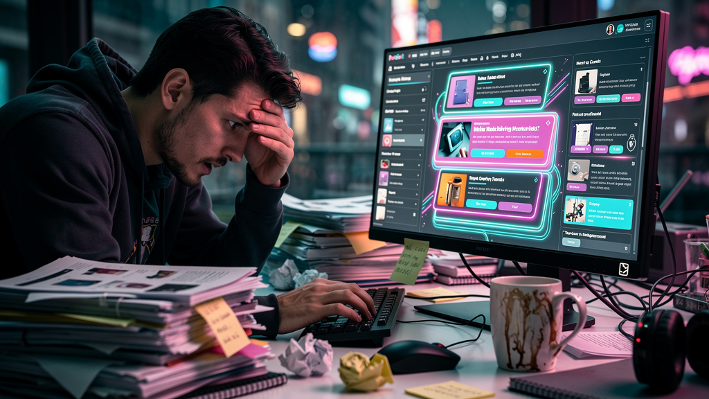 Escale o Conteúdo do seu E-commerce: de 4 para 100+ Posts/Mês com IA — Um close-up de um redator de conteúdo de e-commerce, visivelmente sobrecarregado e cercado por pilhas de papéis e anotações. Ao l