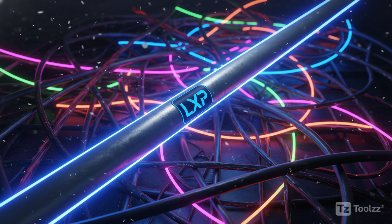 Escolha Tecnologia Simples e Foque na Inovação Real — Um labirinto complexo feito de tubos coloridos e cabos emaranhados, representando a complexidade tecnológica. Um único tubo reto e simples, feito 