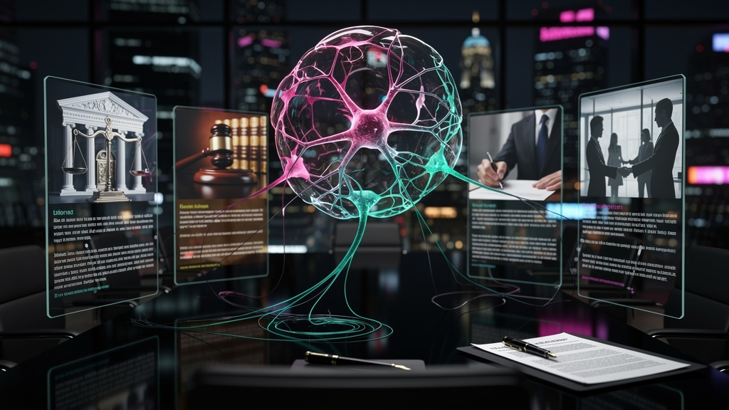 Escritórios de Advocacia e a IA: Domine o Tráfego com Blogs Automatizados — Visualização conceitual de um neurônio artificial conectado a várias páginas de artigos de blog, cada página representando u