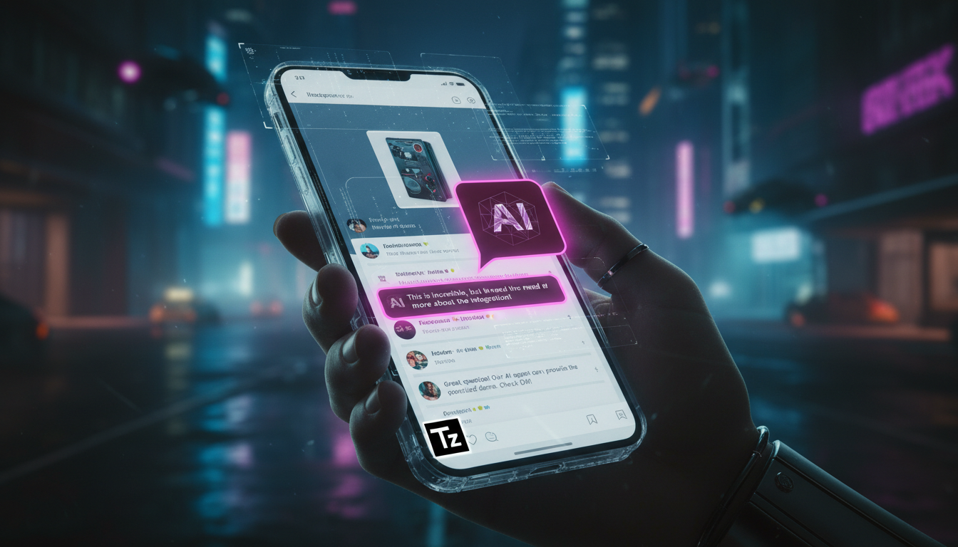 Estratégia completa de Agente IA Social Media para 2026 — Close-up de um smartphone mostrando a interface de um agente de IA da Toolzz em ação, analisando comentários em um post do Instagram. O agente