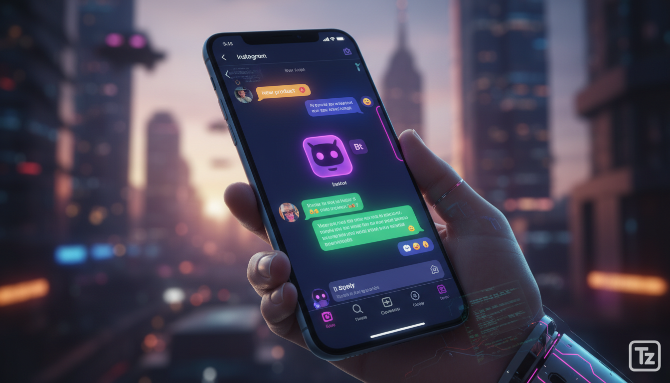 Estratégia completa de Automação Instagram para 2026 — Um close-up de um smartphone mostrando a interface do Instagram com várias notificações e mensagens. Um chatbot da Toolzz está respondendo automa
