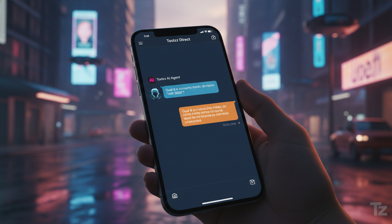 Estratégia completa de Automação Instagram para 2026 — Um close-up de um smartphone mostrando uma conversa no Instagram Direct. A mensagem do cliente expressa uma pergunta sobre um carro específico. A