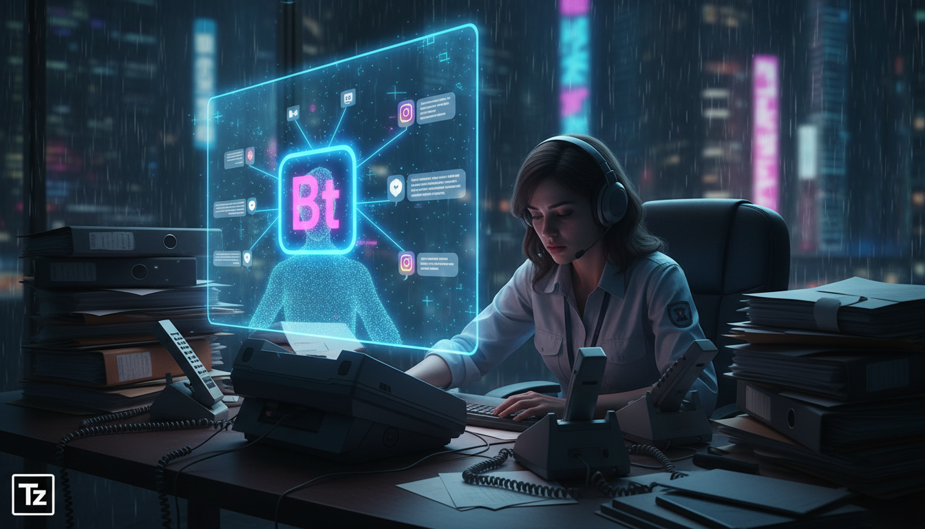 Estratégia completa de Chatbot Instagram para 2026 — Um atendente de telemarketing exausto, cercado por pilhas de papéis e vários telefones tocando. Uma projeção holográfica sobre a mesa mostra um cha