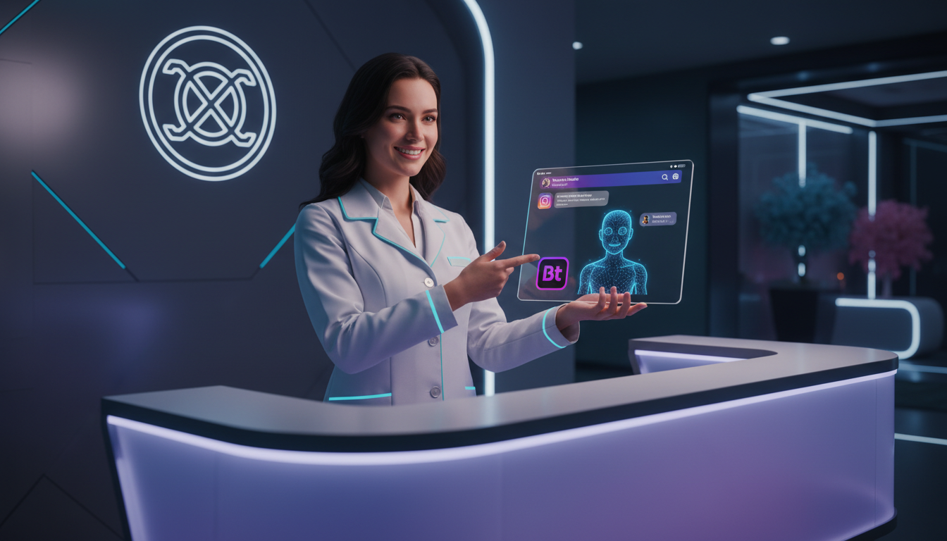 Estratégia completa de chatbot para Instagram em 2026 — Uma recepcionista de jaleco sorrindo e apontando para um tablet onde um chatbot da Toolzz está respondendo a um cliente no Instagram. O balcão d