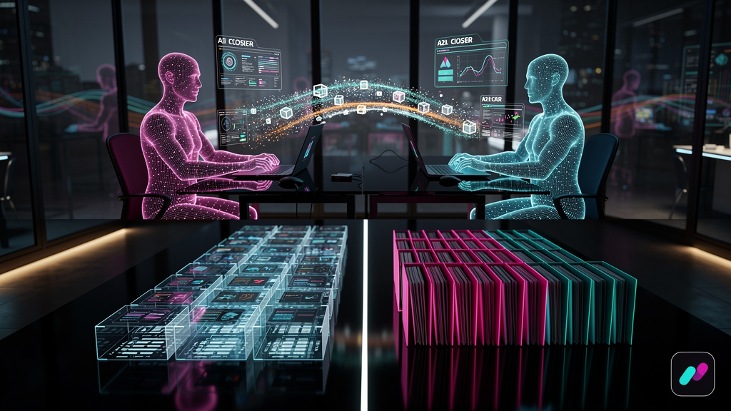 Estratégia completa de Protocolo A2A para 2026 — Um diagrama infográfico dividido em duas partes (superior e inferior para carrossel). Parte superior: Fluxograma mostrando um lead sendo transferido do