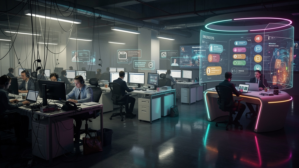 Estratégia Omnichannel usando Agentes de IA em 2026 — Uma linha do tempo visual que ilustra a evolução do atendimento ao cliente. No início, um call center caótico com operadores sobrecarregados. No m