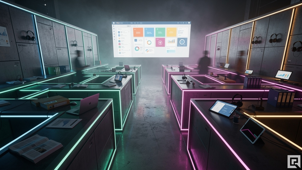 Estratégia omnichannel usando LXP: Toolzz vs EducaLab em 2026 — Ilustração de um labirinto representando a jornada de aprendizado, com várias rotas e caminhos. No final do labirinto, uma tela brilhant