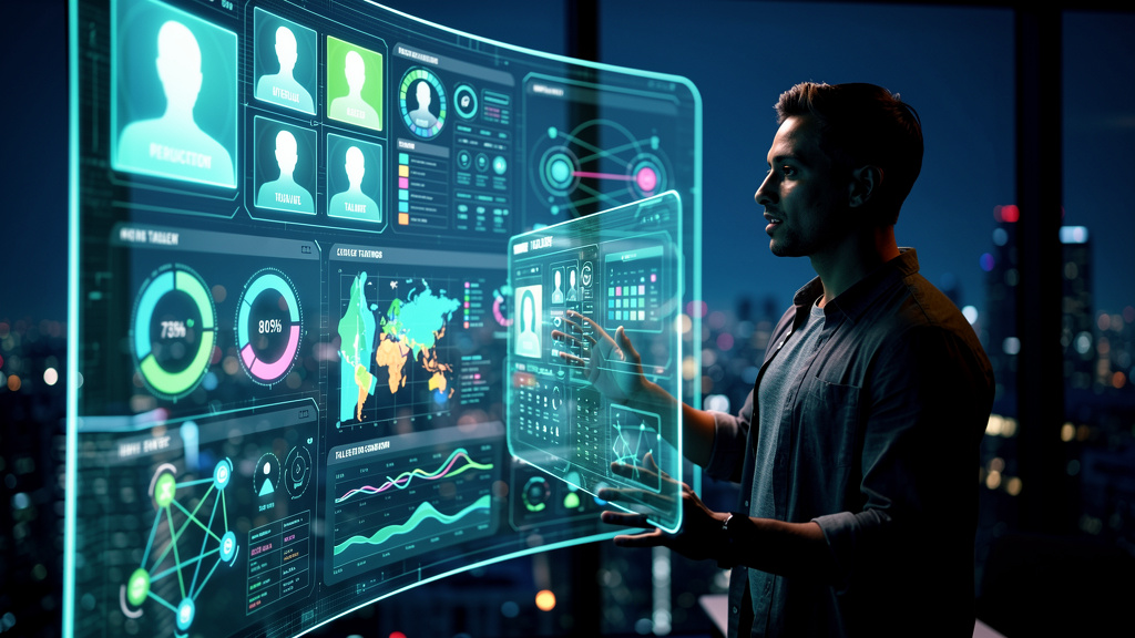 Estratégias de RH global: o que o mundo está fazendo — Um painel de controle futurista exibindo dados de recrutamento e seleção, com gráficos de desempenho de candidatos e análises preditivas geradas 