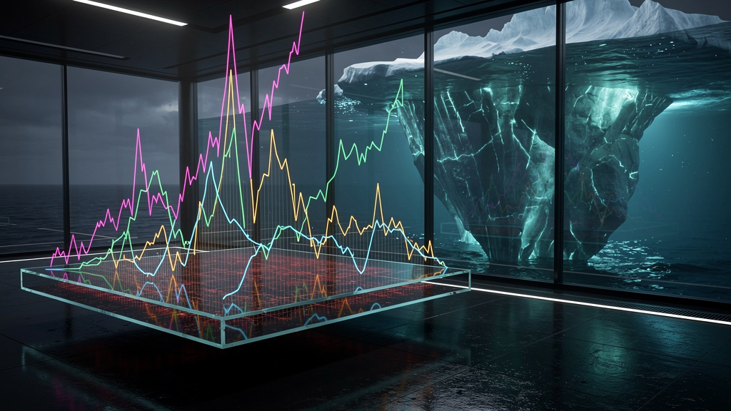 Estresse-Teste de Capex em IA: O Que Pode Dar Errado? — Um gráfico de linhas em 3D, mostrando múltiplas linhas representando diferentes cenários de investimento em IA. As linhas oscilam drasticamente,