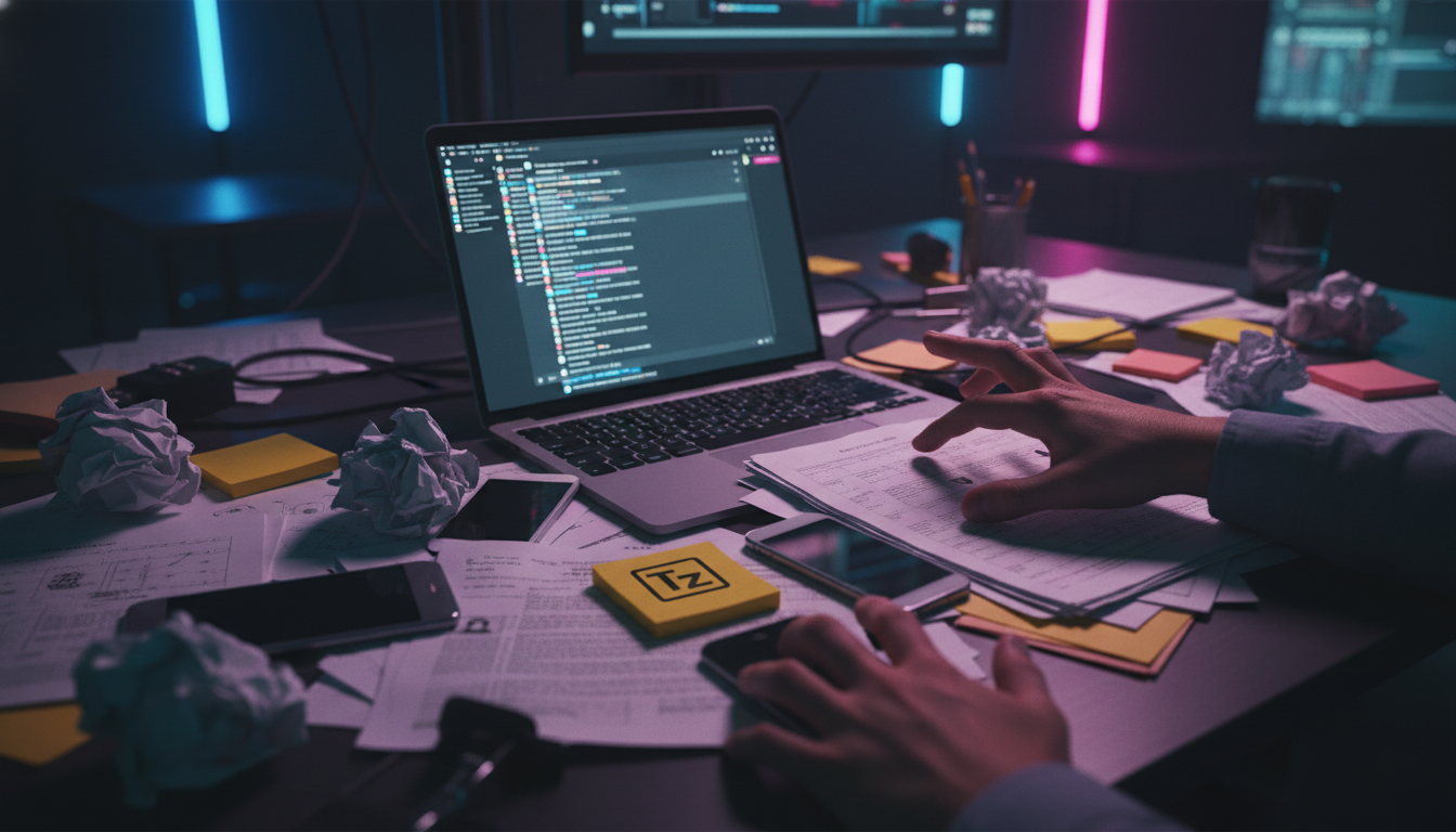 Estudo de caso: Agência Digital aumentou vendas com IA em 2024 — Visão superior de uma mesa de escritório caótica, com pilhas de papéis, post-its coloridos, vários smartphones e um laptop aberto mostr