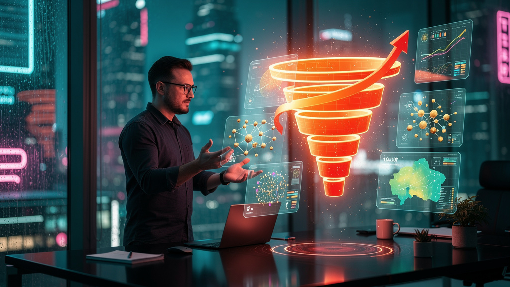 Estudo de caso: Agências aumentaram vendas com SEO para LLMs em 2026 — Um usuário interagindo com uma interface holográfica que exibe um gráfico de funil de vendas ascendente. O gráfico demonstra o im