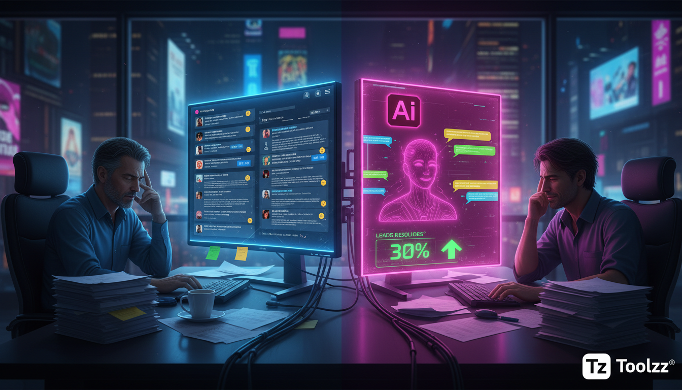 Estudo de caso: Consultoria melhorou 30% leads com IA — Uma mesa de escritório com pilhas de papéis e um consultor frustrado olhando para um monitor cheio de DMs do Instagram. Ao lado, uma tela exibe 