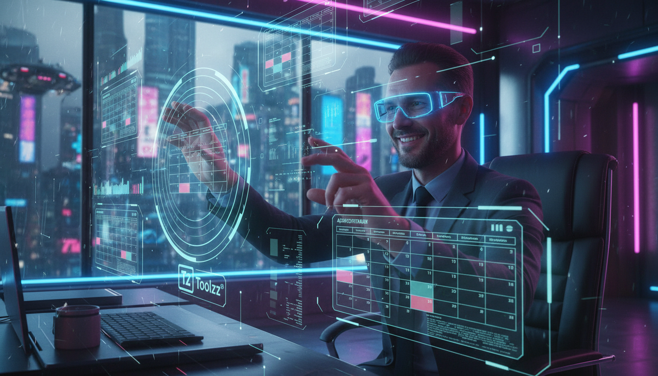 Estudo de caso: Contabilidade melhorou agendamentos com IA em 2026 — Um contador em 2026, usando óculos futuristas de realidade aumentada, interagindo com hologramas de calendários e dados financeiros