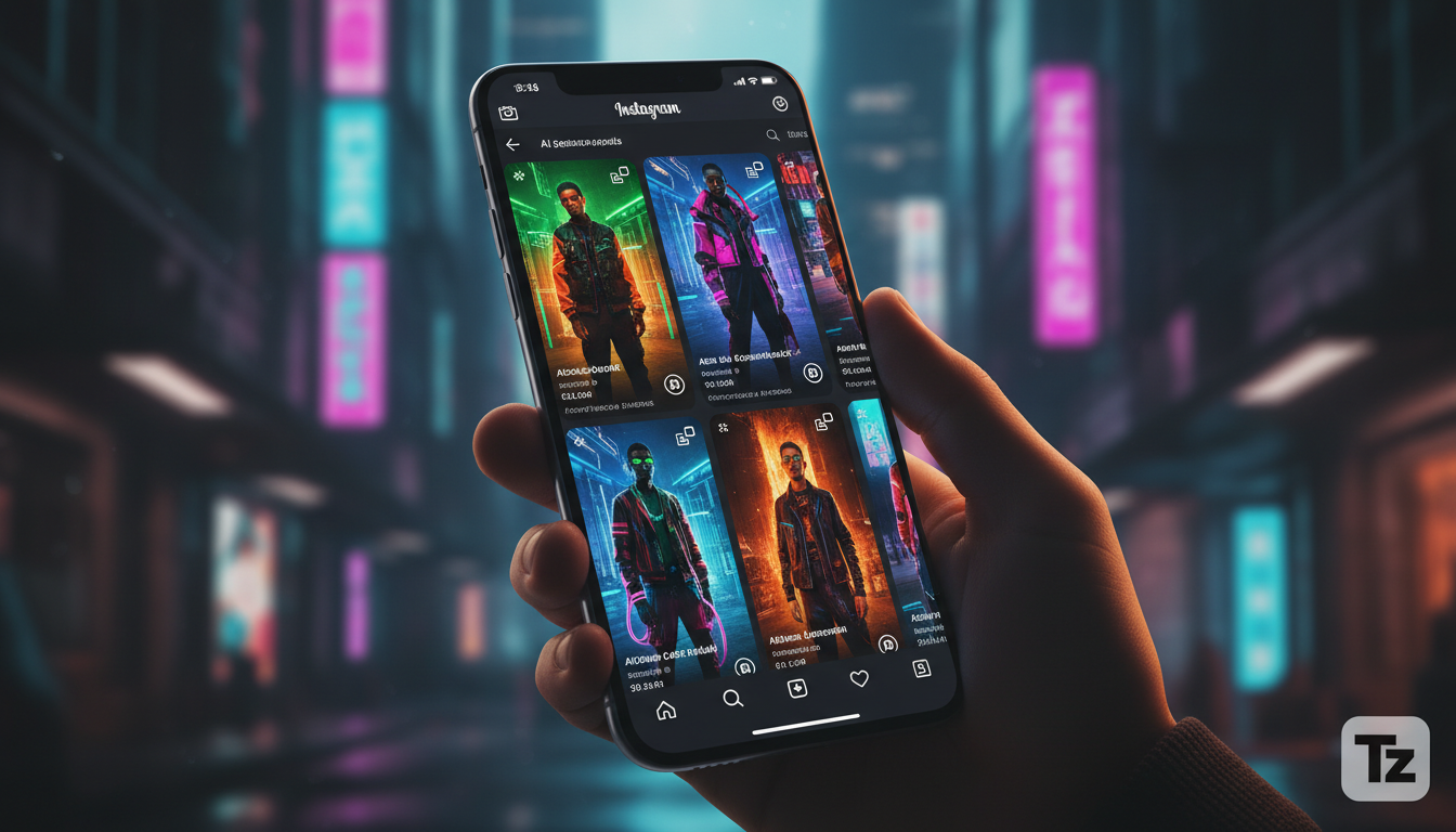 Estudo de Caso: Empresa Aumentou Vendas com Automação para Instagram — Close-up de um smartphone mostrando um feed do Instagram com posts gerados automaticamente por IA. Os posts são visualmente atrae