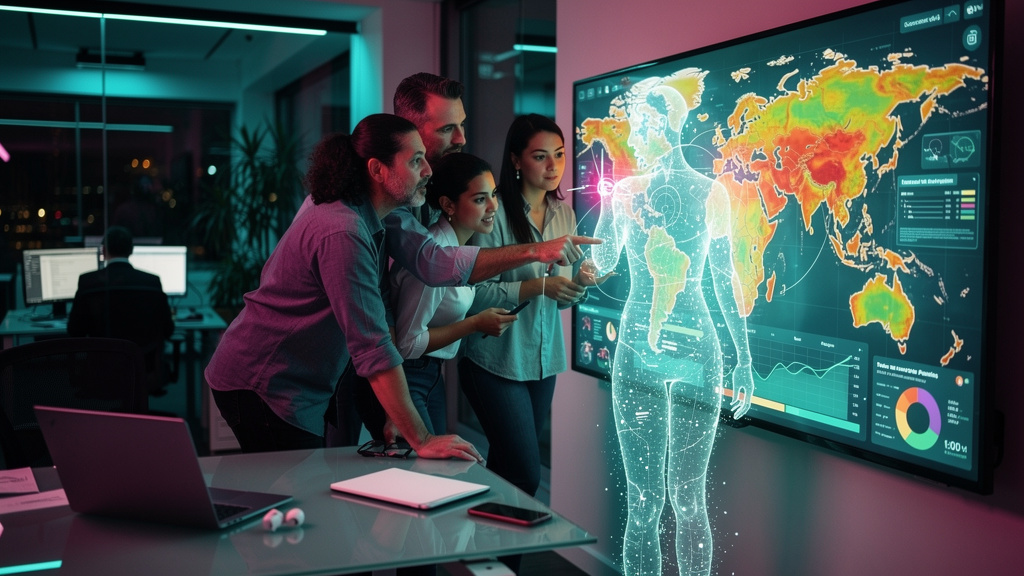 Estudo de caso: Empresa aumentou vendas com IA em 2024 — Um escritório moderno e iluminado, com uma equipe diversificada colaborando em torno de uma grande tela interativa. A tela exibe um mapa de cal