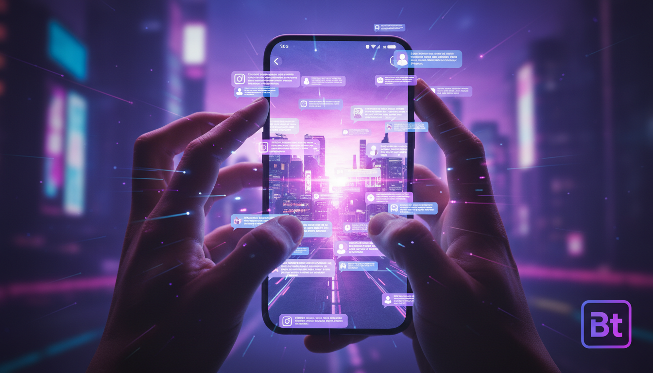 Estudo de caso: Imobiliárias melhoraram a captação de leads com automação — Um close-up das mãos de um agente imobiliário, mostrando o desespero ao tentar responder a uma enxurrada de DMs no Instagram