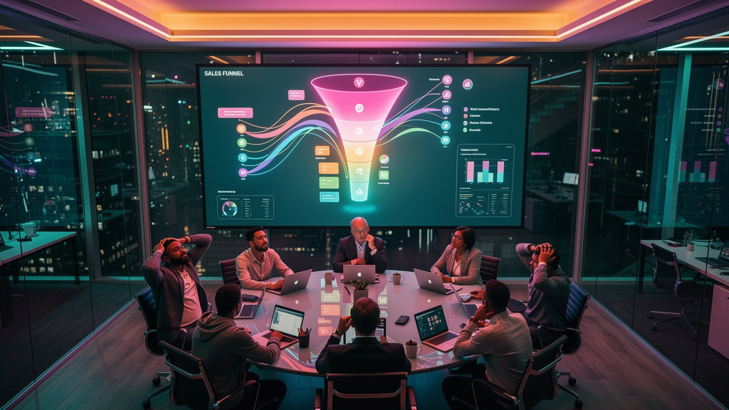 Estudo de caso: Indústria de SaaS aumentou leads em 40% com blog automatizado — Uma equipe de marketing diversificada reunida em uma sala de conferências moderna, olhando para uma tela grande que exib