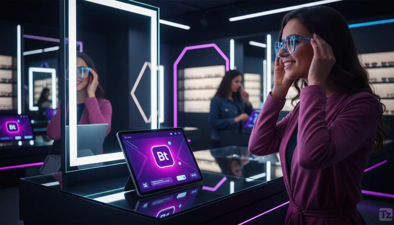 Estudo de caso: Ótica Visão Clara aumentou vendas com chatbot IA — Um cliente sorrindo e experimentando diversos modelos de óculos em uma ótica moderna e bem iluminada. Um tablet ao lado exibe a inter