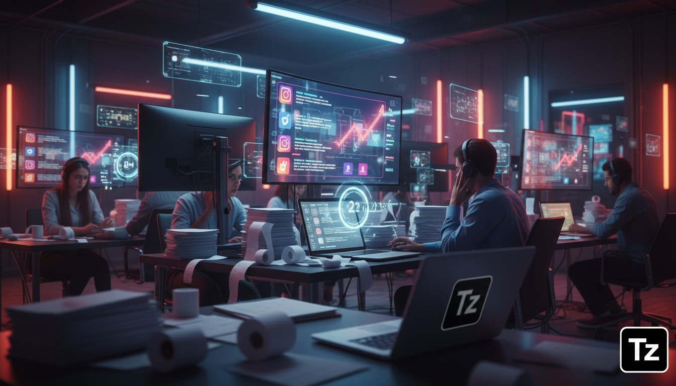 Estudo de caso: Varejo aumentou 15% as vendas com IA — Representação visual de uma equipe de atendimento ao cliente sobrecarregada, com pilhas de papéis e múltiplas telas mostrando mensagens do Instag