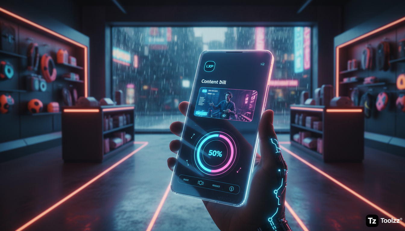 Estudo de caso: Varejo aumentou 15% o engajamento com Pílulas de Conteúdo — Um close-up de um smartphone exibindo uma pílula de conteúdo da Toolzz sobre técnicas de vendas. A tela mostra um gráfico co