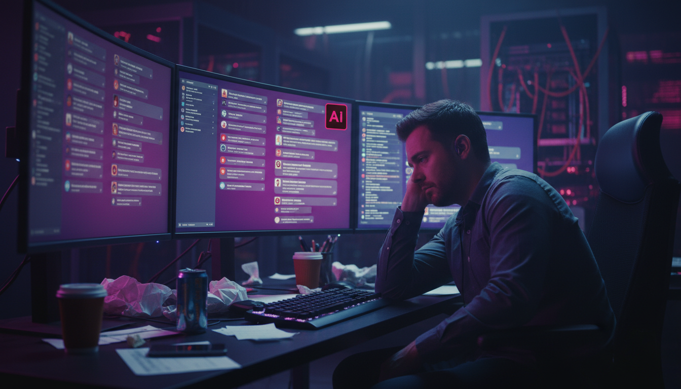 Estudo de caso: Varejo aumentou engajamento em 20% com IA — Um atendente de suporte ao cliente visivelmente exausto, sentado em frente a um computador com várias telas exibindo feeds do Instagram chei