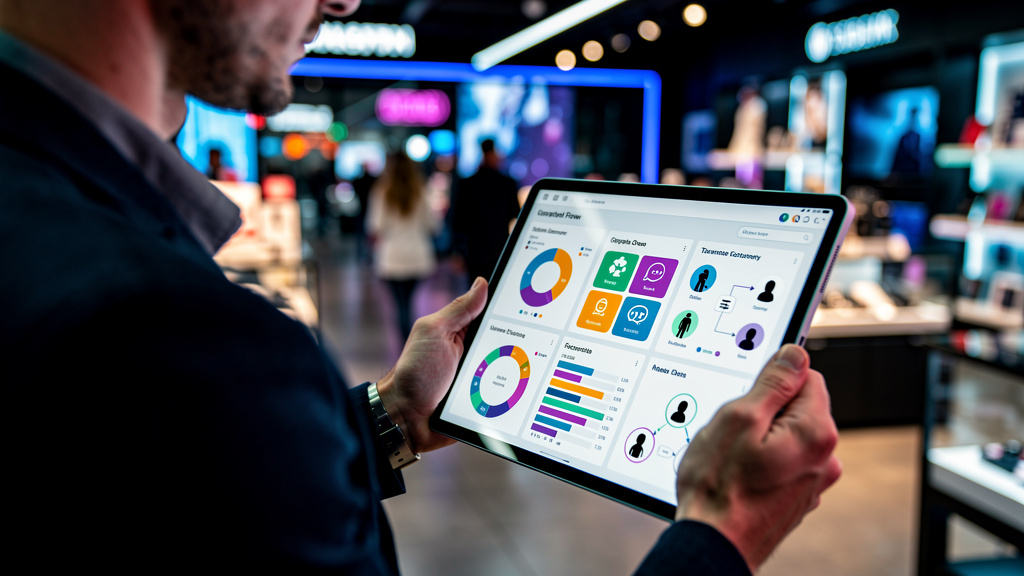 Estudo de caso: Varejo melhorou atendimento com fluxos híbridos em 2026 — Close-up em um tablet sendo usado por um gerente de varejo. A tela do tablet exibe um dashboard da Toolzz mostrando o fluxo de