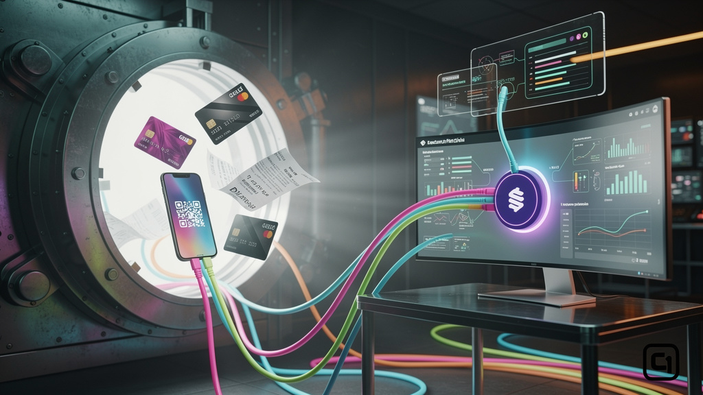 Estudo de caso: Varejo melhorou pagamentos com Stripe em 2026 — Ilustração digital mostrando um cofre forte com várias opções de pagamento (cartões de crédito, Pix, boletos) saindo dele e se conectand