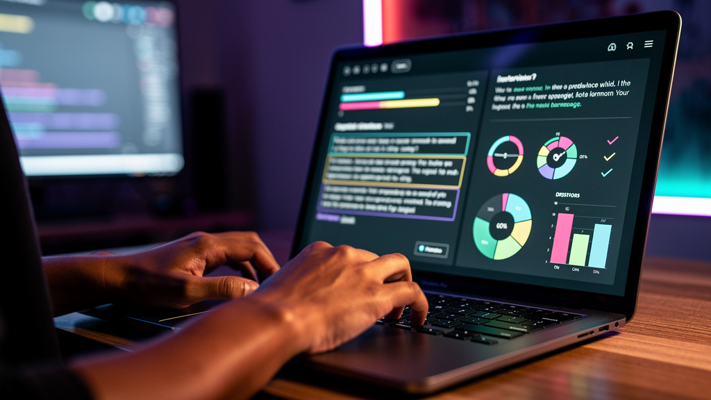 Feedback Automático com IA: O Guia Completo para EAD — Um close-up das mãos de um aluno digitando em um teclado. A tela do laptop exibe uma interface de usuário limpa e intuitiva, mostrando feedback e