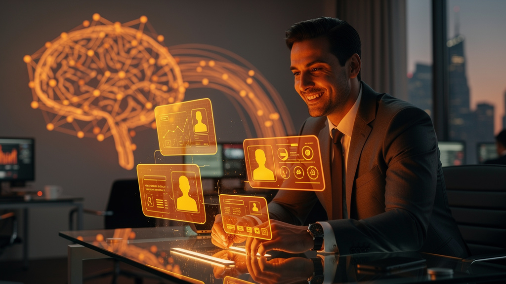 Ferramenta de Prospecção Inteligente: Guia Completo — Um executivo de vendas sorrindo, cercado por hologramas flutuantes que exibem perfis de clientes ideais e dados de engajamento. Ao fundo, uma repr