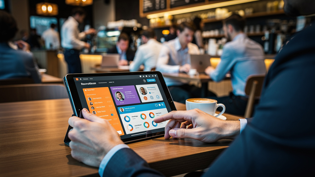 Ferramentas de RH: Recrutamento e Seleção Eficientes — Close-up das mãos de um recrutador usando um tablet em um café movimentado. A tela do tablet exibe a interface da Toolzz AI, mostrando a análise 