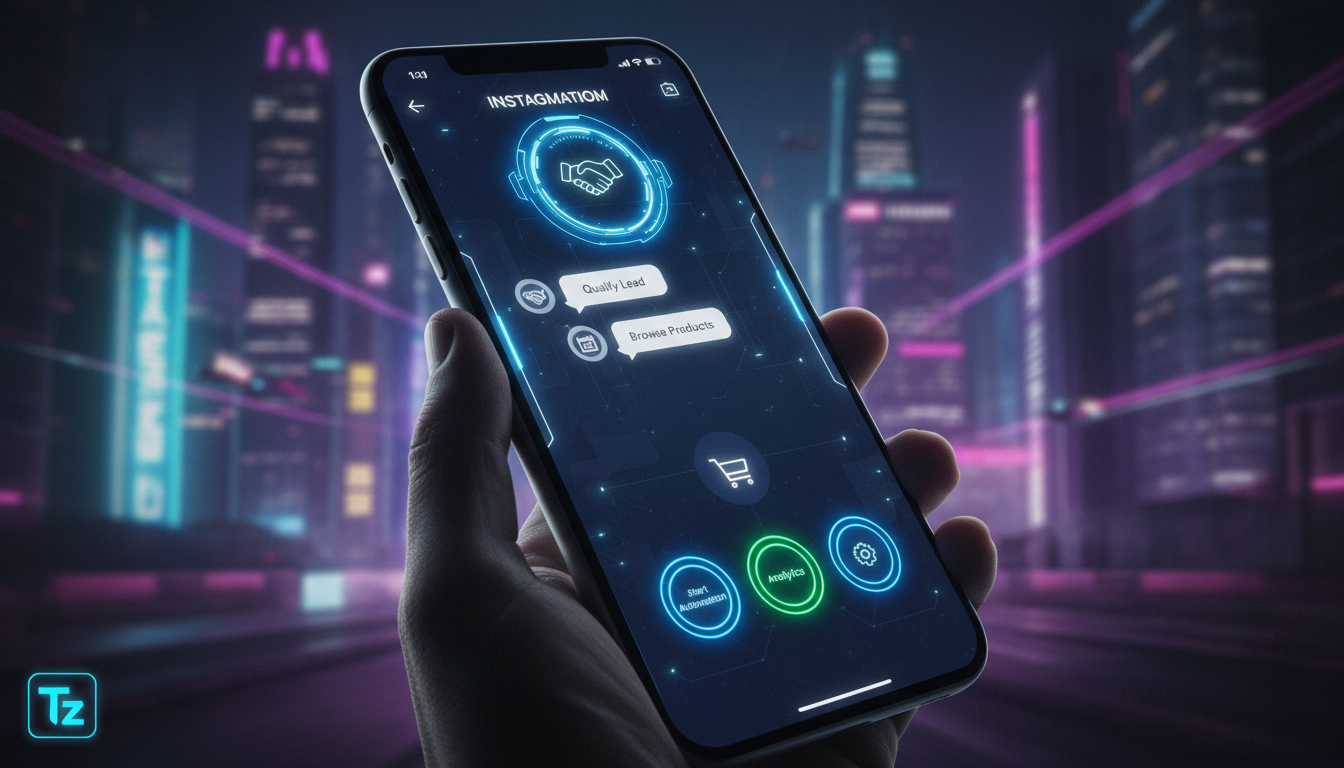 Ferramentas e recursos para dominar automação Instagram — Close-up de um smartphone mostrando uma conversa em andamento em um aplicativo de mensagens. A interface do chatbot é moderna e intuitiva, com