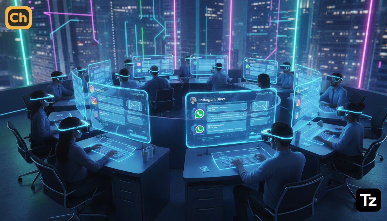 Ferramentas e recursos para dominar automação Instagram — Uma visão aérea de um escritório movimentado, onde cada funcionário está usando um headset e interagindo com um painel unificado em seus compu