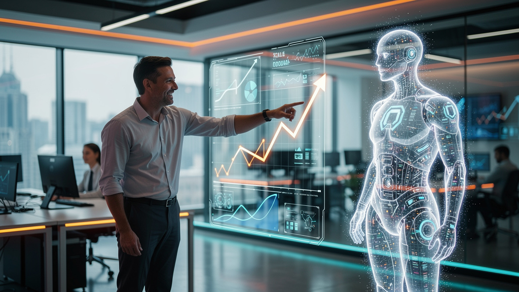 Ferramentas e recursos para dominar Equipes Híbridas de IA — Em um escritório moderno e iluminado, um agente de IA holográfico flutua ao lado de um gerente de vendas, ambos analisando um painel de ven