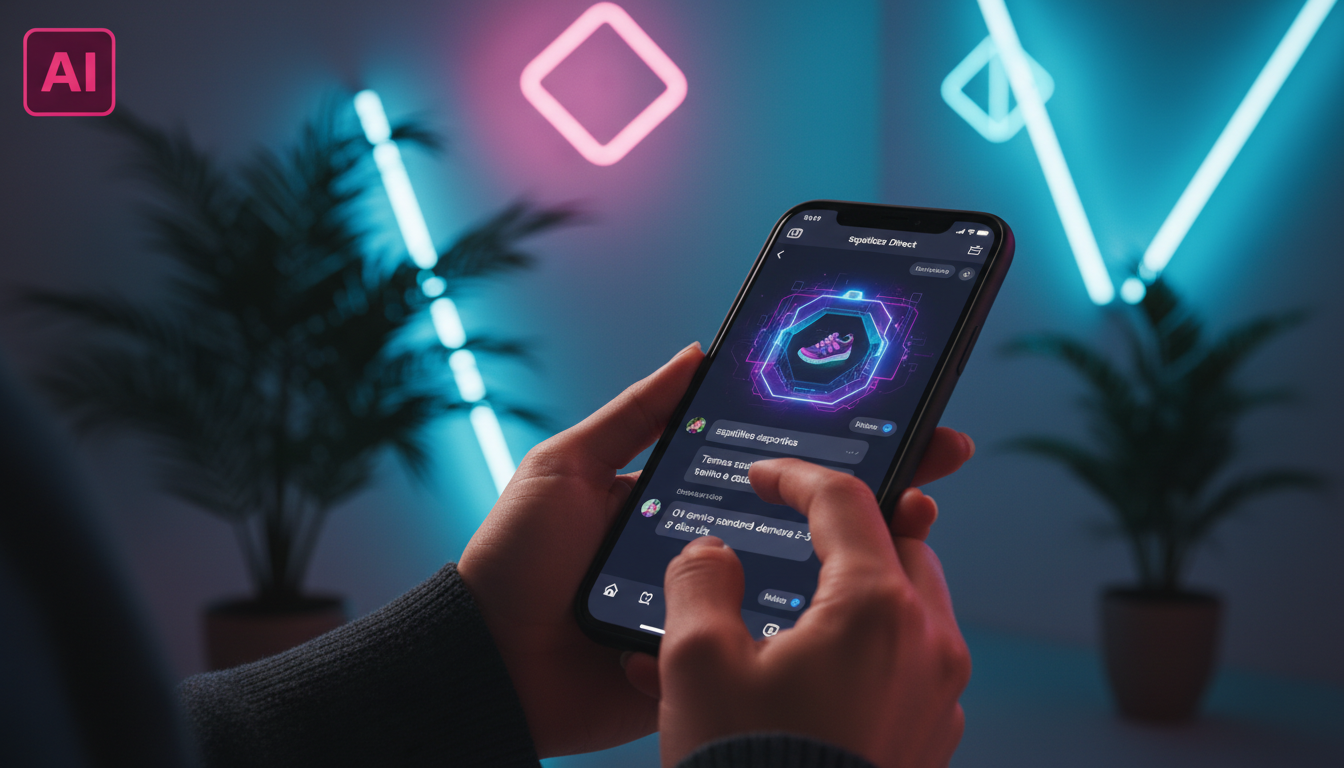 Ferramentas e recursos para dominar Instagram Commerce IA — Um close-up das mãos de uma pessoa digitando em um smartphone. A tela do smartphone exibe uma conversa em andamento no Instagram Direct, com